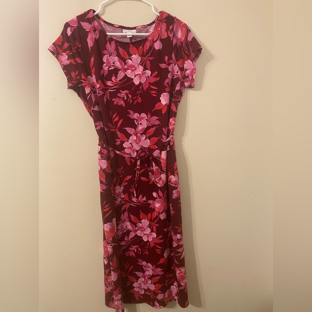 J. Jill Belted Pink Red Floral Patterned Midi Dress‎ Size Medium Petite MP